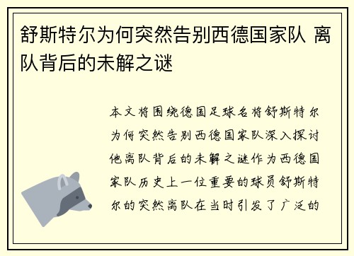 舒斯特尔为何突然告别西德国家队 离队背后的未解之谜